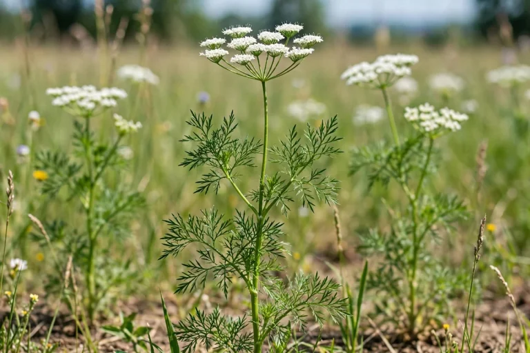 Virágzó ánizs (Pimpinella anisum) fehér ernyővirágzattal és szárnyasan szeldelt levelekkel