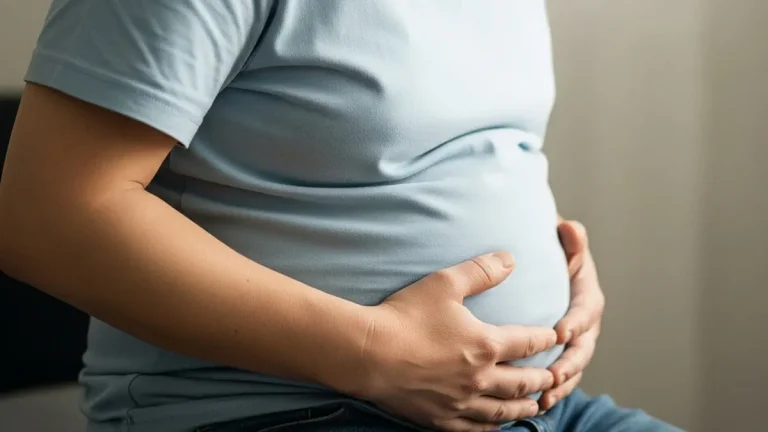 a képen egy ember látható, aki gyengéden a puffadt hasát fogja